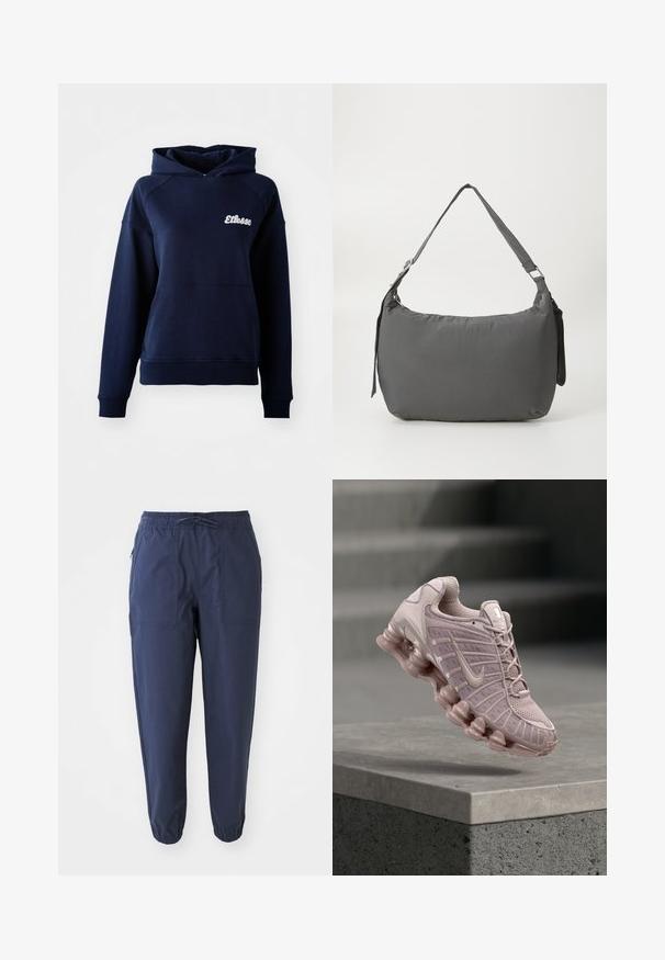 Tumedast sinine kapuutsiga sviiter, mis on valmistatud pehmest materjalist. Sellel on eesmine tasku ja valge logo rinnal. Ribiga mansetid ja allserv.; Tumedat sinised jogger-püksid, mis on valmistatud kerge kangaga, elastse vöökoha, paelaga ja kahe ees oleva taskuga. Elastsed mansetid pahkluude juures.; Nike Air Max tossud heleroosas toonis, millel on võrgust pealmine osa, polsterdatud keel ning jäme, läbipaistev tald lainekujundusega.; Hall riidest õlavöökott, millel on kumer kuju, sile tekstuur, reguleeritav rihm ja peene reljeefne logo esiküljel.