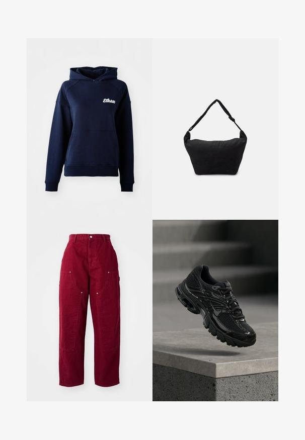 Navyblauwe hoodie van zacht materiaal. Bevat een voorzak en een wit logo op de borst. Geribde boorden en zoom.; Bordeaux wijde broek van katoen, met twee grote zijzakken, een knoopsluiting en een relaxed fit met zichtbare stikseldetails.; Zwarte Nike hardloopschoen met mesh en synthetische bovenkant die boven een betonnen oppervlak en trappen op de achtergrond zweeft.; Zwarte stoffen schoudertas met een zachte, gestructureerde oppervlakte, ronde vorm en een enkele strap. Minimalistisch ontwerp zonder zichtbare hardware of accenten.