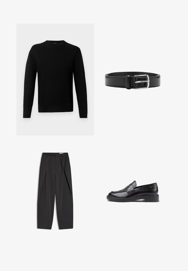 Sort langærmet crew neck sweater med en tætsiddende silhuet, lavet af glat strikstof, præsenteret på en lys grå baggrund.; Sorte sorte bukser med høj talje, skræddersyede med læg, bæltestropper og lige ben, vist fladt på en hvid baggrund.; Sorte læder loafers med en lav ribbet hæl, rund tå, dekorerende syede detaljer og en frontrem. Glat tekstur.; Sort læderbælte med synlige syninger og en skinnende sølvspænde lagt fladt i en sammenrullet position på en hvid baggrund.