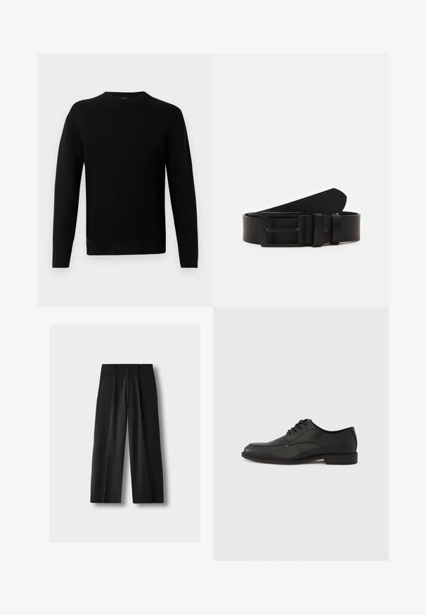 Zwart lange mouwen crew neck trui met een getailleerde silhouette, gemaakt van een soepele breisels, weergegeven op een lichte grijze achtergrond.; Zwarte brede broek met hoge taille, voorplooien, zijzakken, riemlussen en een knoopsluiting, op een lichtgrijze achtergrond.; Zwarte leren veterschoen met een gladde afwerking, een ronde neus en een lage rubberen hak. Voorzien van subtiele stikseldetails op het bovenwerk.; Zwarte leren riem gerold met een matte zwarte rechthoekige metalen gesp en twee riemlussen op een witte achtergrond.