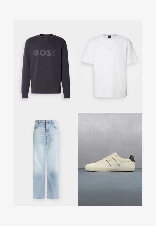 Sweatshirt marine foncé avec col rond et manches longues. L'avant présente un logo "BOSS" en relief de couleur assortie. Matière douce.; T-shirt en coton blanc à manches courtes, col rond, avec un logo « BOSS » en relief sur la poitrine. Texture lisse, coupe standard.; Jeans bleu clair taille haute à jambes droites, avec poches avant, passants de ceinture et fermeture par bouton.; Baskets de couleur crème avec une texture lisse, dotées d'accents et de marquage noirs. Design classique à lacets avec un bout rond et une semelle en caoutchouc.