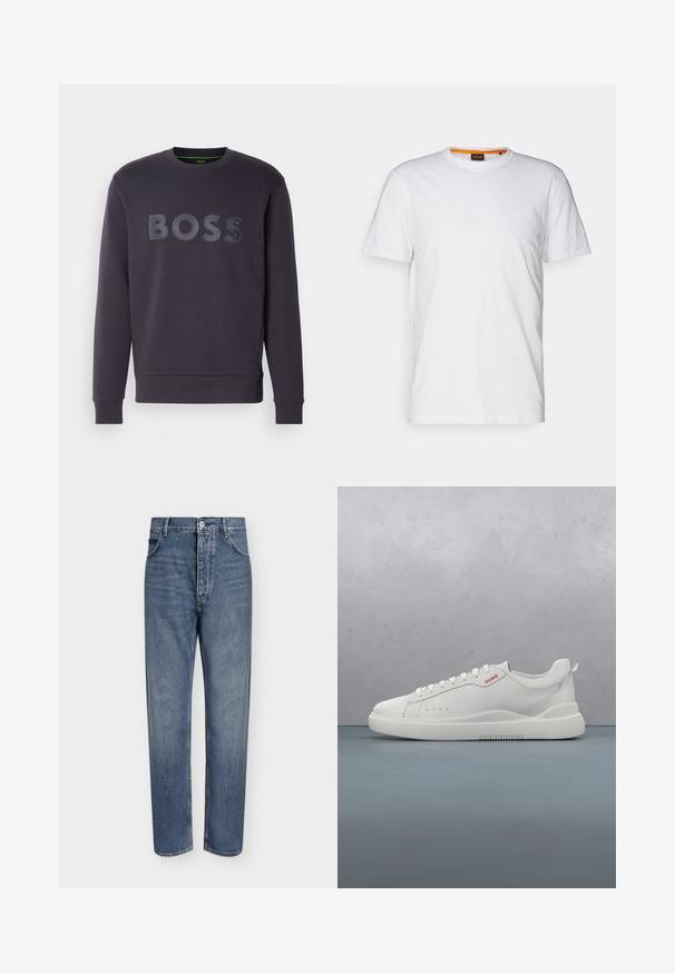 Sweatshirt marine foncé avec col rond et manches longues. L'avant présente un logo "BOSS" en relief de couleur assortie. Matière douce.; T-shirt en coton blanc avec un col rond, des manches courtes et un logo en relief subtil sur la poitrine. L'étiquette intérieure a une touche d'orange.; Jean droit en denim bleu avec taille haute, fermeture à boutons sur le devant et design à cinq poches sur un fond clair uni.; Sneaker blanche avec une finition en cuir lisse, bout rond, quatre œillets, perforations subtiles et un détail de logo rouge sur le côté.