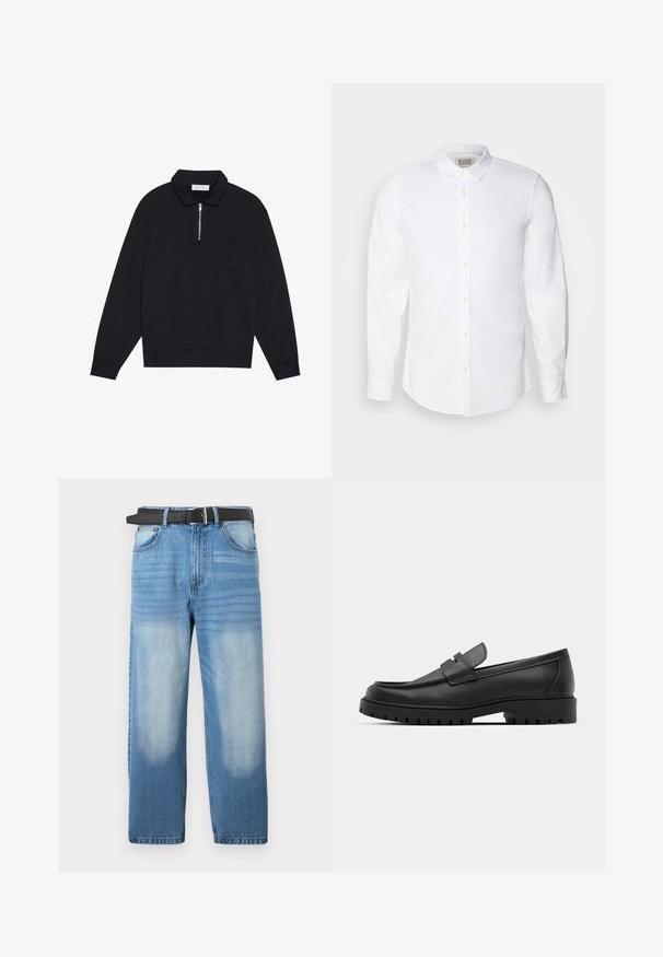 Pier One by Zalando Sweatshirt - black; Chemise blanche à boutons, en coton, avec un col classique, des manches longues et une broderie subtile sur la poitrine à gauche. Équipée de boutons beige.; Jean en denim bleu clair avec une coupe droite, doté d'une ceinture noire, avec des zones décolorées et une texture diagonale subtile sur la partie supérieure.; Mocassins en cuir noir à bout arrondi, avec un design cousu, une semelle plateforme basse et une semelle en caoutchouc texturée et crantée.