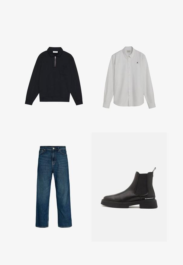 Pier One Sweatshirt - black; Hvid skjorte med lange ærmer og knapper, med subtile lodrette striber og et lille sort kranie- og korsknoglelogo på venstre bryst.; Herreblå jeans med lige ben, fem lommer og knaplukning, vist på en hvid baggrund.; Steve Madden ZHANE - Støvletter - black