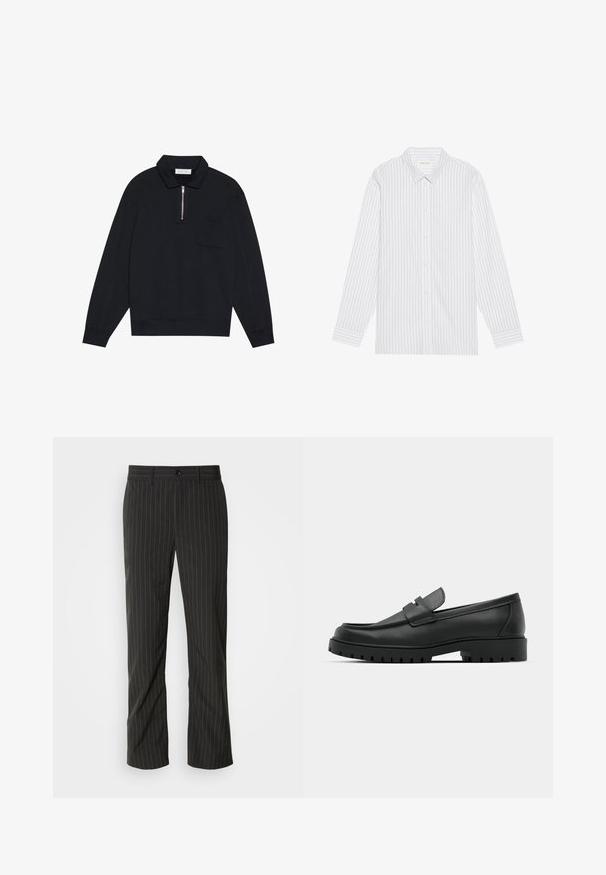 Pier One by Zalando Sweatshirt - black; Hvid skjorte med tynde sorte lodrette striber, med en klassisk krave og lange ærmer med knapmanchetter.; Sorte skræddersyede bukser med lige snit. Har en glat tekstur, frontlukning med knap og bæltestropper.; Sorte læder loafers med rund tå, der har et syet design, lav platformssål og en struktureret, skridsikker gummisål.