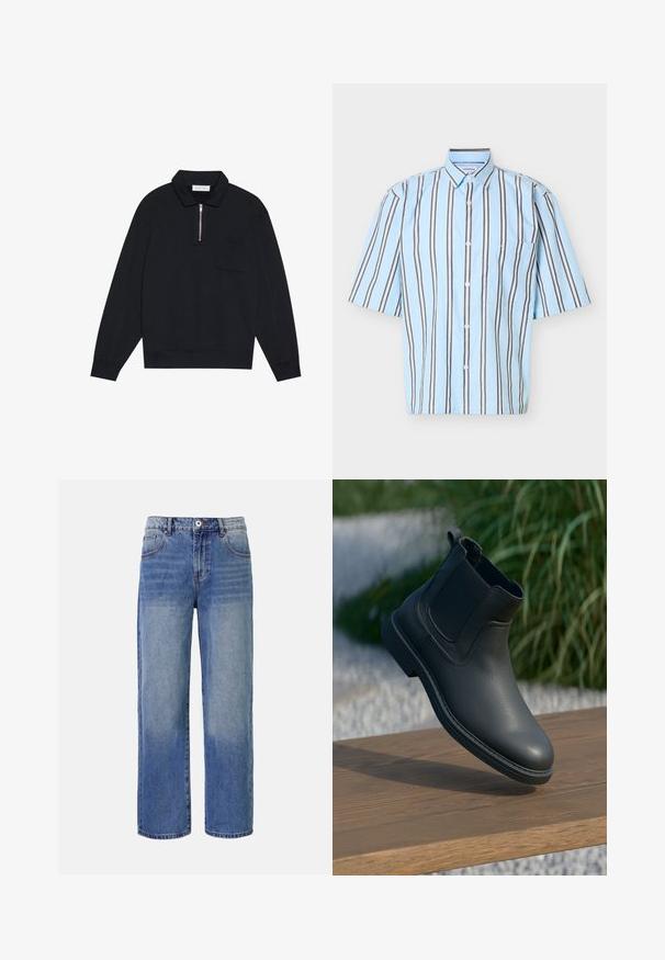 Pier One Sweatshirt - black; Lyseblå kortærmet skjorte med knapper, vertikale hvide og mørkebrune striber samt en brystlomme på en hvid baggrund.; Lys blå denim bred benjeans med et falme mønster, fem lommer og lynlås i gylpen. Har en knap og bæltestropper i taljen.; Sort læder ankelstøvle med elastiske sidepaneler, strukturerede accenter og en gummisål; udstillingen inkluderer en træoverflade og grønne planter.