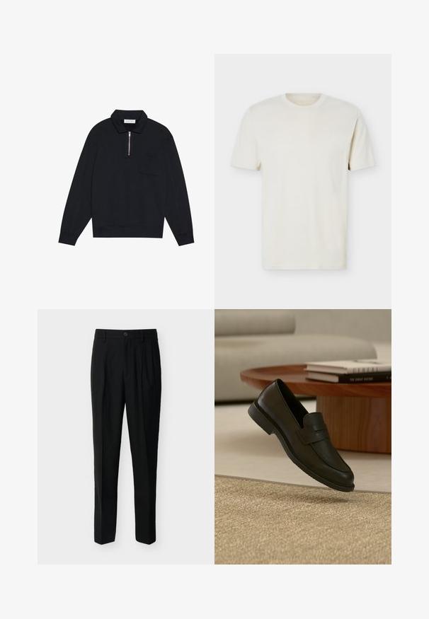 Pier One Sweatshirt - black; Simpel, off-white T-shirt med korte ærmer og rund hals, med diskret logo på venstre bryst, vist mod en hvid flad baggrund.; Sorte, skræddersyede bukser med høj talje, bæltestropper, forreste læg, sidelommer samt knap- og lynlåslukning.; Sort læderloafer vist i luften over en beige vævet tæppe, med et træbord og stablede bøger i et blødt oplyst stue.
