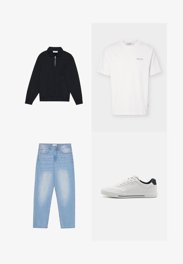 Pier One Sweatshirt - black; Hvid T-shirt med korte ærmer og rund hals, med lille grøn tekst "JUICE IT UP Marc O'Polo Denim" på venstre bryst.; Lyseblå denimjeans med en afslappet pasform, der har fem lommer, subtil falming og syninger langs sømmene.; Hvide sneakers med en glat syntetisk overdel, rund tå, snørebåndsdesign, marineblå accent på hælen og en tekstureret gummisål med en sort stribe.