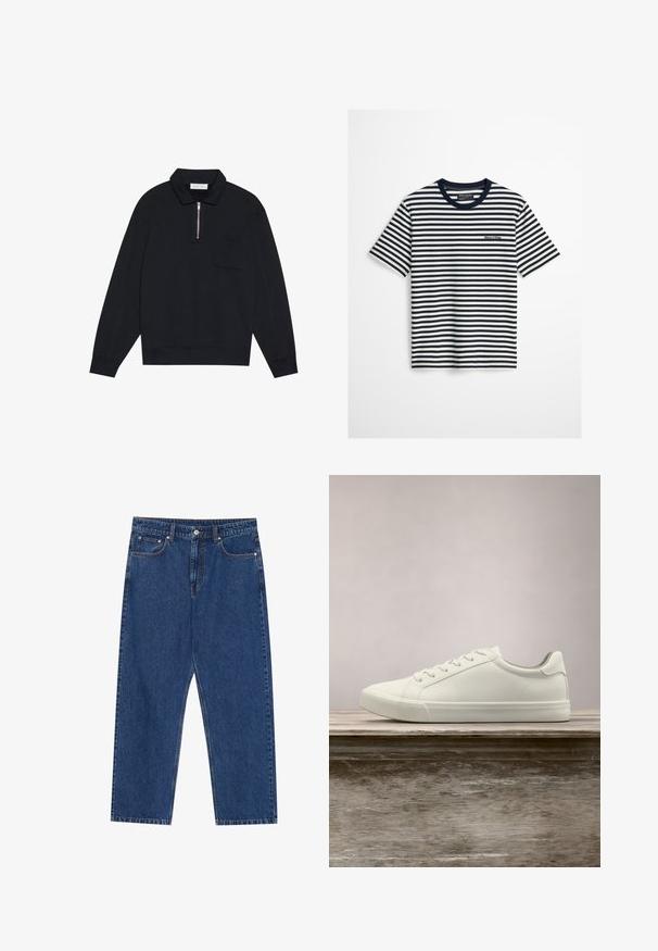 Pier One Sweatshirt - black; Marineblå og hvide vandrette stribede T-shirt med korte ærmer, marineblå krave og lille Marc O’Polo-logo på brystet.; Mørkeblå denim jeans med lige ben, forlommer og en knaplukning med kontraststing hele vejen.; Hvide snørresneakers svævende over en træbænk med grønne planter i baggrunden, der fremhæver skodesign og tekstur.