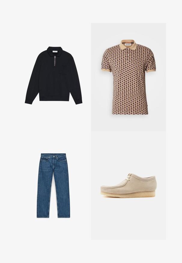 Pier One Sweatshirt - black; Scotch & Soda MICRO ALLOVER PRINT REGULAR FIT - Poloshirts - tannin; Blå denimjeans med et lige ben, fire lommer og metalhardwaredetaljer. Stoffet har en let tekstur og ensartet vask.; Beige ruskind snørestøvle med crepesål, mokasinstil syning og lav ankeludformning isoleret på en lys baggrund.