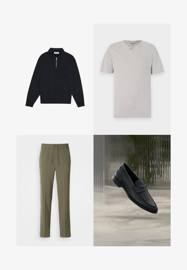 Pier One Sweatshirt - black; Kortærmet, grå og hvid stribet t-shirt med rund hals og to-knap detaljer ved halsudskæringen. Blødt stof med en afslappet pasform.; Olivengrønne, letvægtsbukser med elastisk talje og justerbar snor; lige ben design og glat tekstur.; Sort læderloafer med glat finish, spids tå og sømdetaljer over vristen. Lav hæl og minimalistisk design.