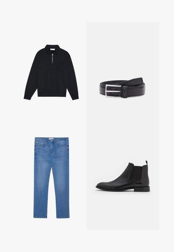 Pier One Sweater - black; Lichtblauwe spijkerbroek met een rechte pijp, vijf zakken, subtiele vervaging en metalen accenten op de taille en zakken.; Zwarte leren Chelsea boot met elastische zijpanelen, een ronde neus en een lage hak. Gladde textuur met een minimalistisch ontwerp.; Zwarte leren riem met een gladde textuur, voorzien van een zilveren metalen gesp en een klassiek ontwerp. De riem is netjes opgerold.