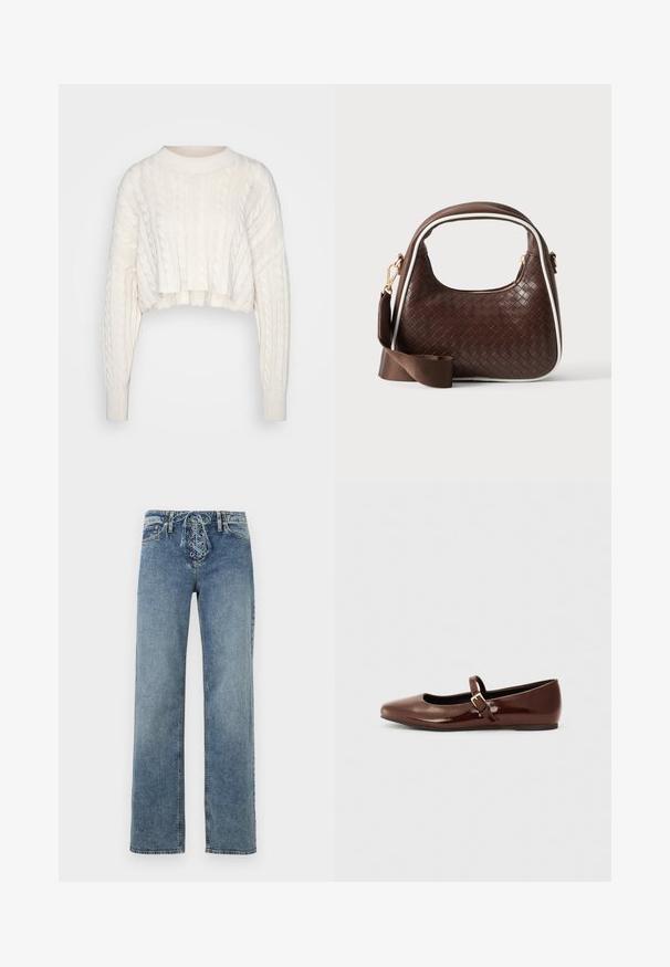 Off-white cropped kabelstrikket sweater med lange ærmer samt ribbet rund halsudskæring og manchetter, præsenteret på en enkel baggrund.; Blå denimjeans med lige ben og snørelukning foran med metaløjer, vist mod en hvid baggrund.; Brun patentlæder balletflade med firkantet tå og strop med en lille guldbuckle. Glat tekstur, lav hæl og minimalistisk design.; Brun vævet læderhåndtaske med hvid piping, guldfarvet lynlås og aftagelig brun stofskulderrem.