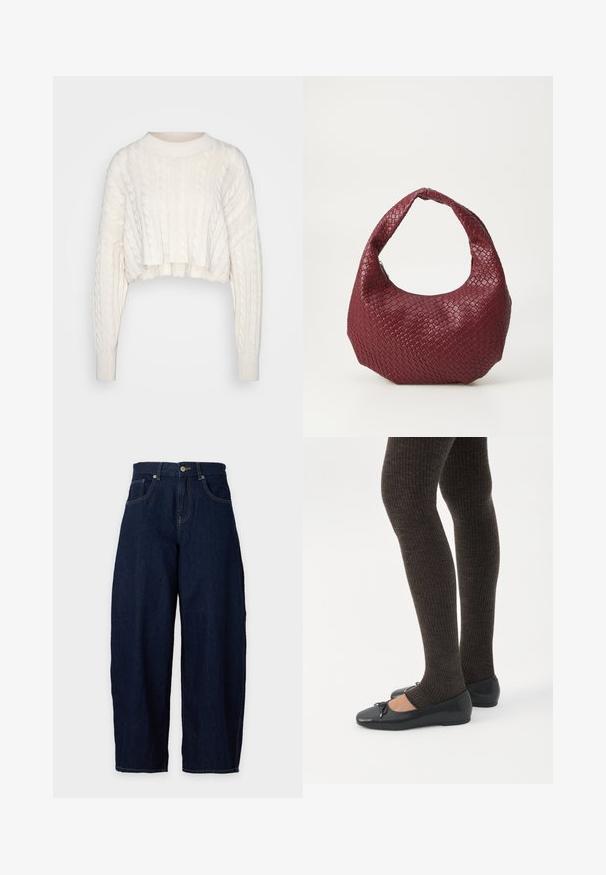 Off-white cropped kabelstrikket sweater med lange ærmer samt ribbet rund halsudskæring og manchetter, præsenteret på en enkel baggrund.; Mørkeblå vidde cowboybukser med forreste knap- og lynlås lukning, bæltestropper og forlommer mod en lys baggrund.; Ben iført mørke ribbede leggings kombineret med sorte balletsko med små sløjfedetaljer på hvid baggrund.; Vævet bordeaux håndtaske med en rund silhuet, et enkelt håndtag og en tekstureret overflade. Lynlåslukning øverst.