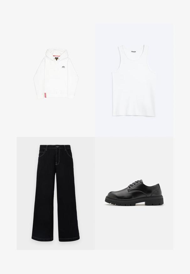 Valge kapuutsiga sweatshird, millel on ees tasku, stardi vöö, ja väike must logo rinnal. Omab punast silt ääres.; Valge varrukateta topp ümarate kaelusava ja Weekday kaubamärgiga sildiga seespool kaeluse tagaosast, esitatud lamedana heledal taustal.; Mustad mustad püksid, mis on valmistatud denimist, nup closures, viis taskut ja kontrastsed valged õmblused õmblustes.; Mustad mustad nahast jalanõud, millel on ümardatud varvas, paeltega disain ja paks, tekstuuriga kummitald. Omab äärte pikeeringut ja siledat viimistlust.