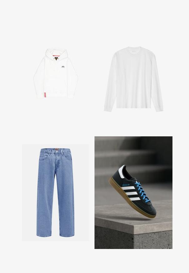 Valge kapuutsiga sweatshird, millel on ees tasku, stardi vöö, ja väike must logo rinnal. Omab punast silt ääres.; Valge pikakäiste puuvillane t-särk ümarkaeluse, soonikkoes mansettide ja sirge äärega, siledat tekstuuri ja minimalistlikku disaini.; Hele sinised sirgelõikelised teksapüksid, millel on ees- ja tagataskud, vööaasad ning vöökoht kinnitatav nööbiga.; Must Adidas toss valgete triibu, siniste paelte ja kummist tallaga, hõljuv pehme valgusega halli betoonastme kohal.