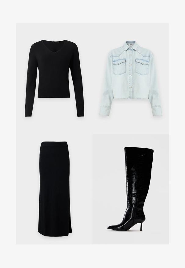 Pull noir ajusté à col en V et manches longues, avec ourlets et poignets côtelés, sur fond gris clair uni.; Veste en jean bleu clair à manches longues, fermeture avant à boutons pression, deux poches poitrine à rabat et col pointu.; Jupe noire, longue, en maille avec une fente sur le côté. Équipée d'une taille extensible et d'une texture lisse. Design simple et ajusté. Aucune motif ou accent visible.; Bottes noires montantes en cuir verni avec un motif crocodile. Bout pointu et talon fin ; dotées d'une fermeture éclair sur le côté.
