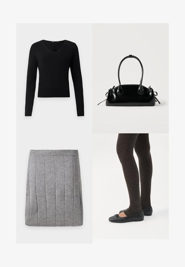 Pull noir ajusté à col en V et manches longues, avec ourlets et poignets côtelés, sur fond gris clair uni.; Object OBJTHESS - Minijupe - medium grey; Jambes portant des leggings côtelés foncés associés à des ballerines noires avec de petits détails en nœud sur fond blanc.; Petit sac à main noir brillant avec deux longues anses et des détails à cordon sur les côtés sur un fond clair uni.