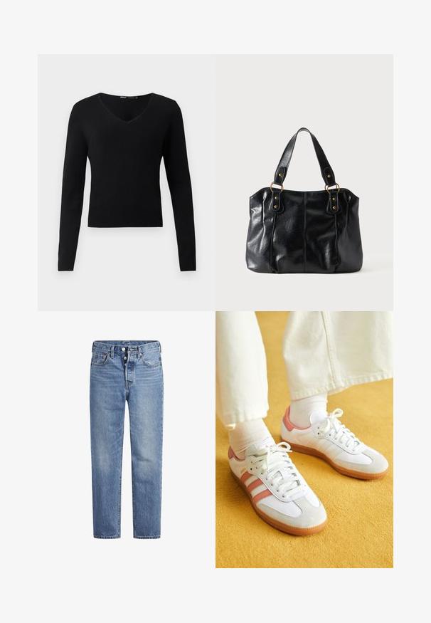 Pull noir ajusté à col en V et manches longues, avec ourlets et poignets côtelés, sur fond gris clair uni.; Jeans en denim bleu clair avec une coupe droite, un design à cinq poches et un bouton pression. Présentent une légère décoloration et des coutures orange en accent.; Baskets blanches avec des accents roses, en matériaux de daim et de cuir, à bout rond et semelle en caoutchouc, présentées avec des chaussettes claires sur un fond jaune.; Sac à épaule en cuir noir avec double anses attachées par des anneaux et rivets dorés, surface lisse et légèrement brillante, design simple.