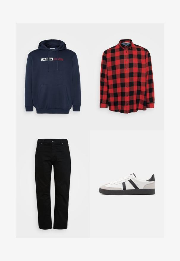 Marineblå hættetrøje med en kengurulomme, snor til hætten og et trykt logo i hvid/rød, der står "JACK & JONES" tværs over brystet.; Rød og sort ternet langærmet skjorte i bomuldsstof, med knap-ned krave, sorte knapper, der har et stort rutet mønster og buet kant.; Sorte jeans lavet af bomuld, med klassisk snit, fem-lomme design og metalknaplukning. Glat tekstur med lige ben.; Hvide sneakers med sorte og grå detaljer, med en tekstureret grå tåhætte, sort gummisål og flade hvide snørebånd. Rent design, minimalistisk stil.