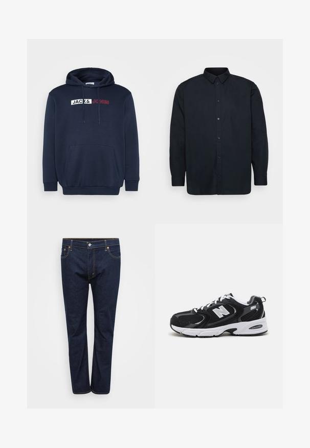 Marineblauwe hoodie met een kangoeroezak, trekkoordcapuchon en een wit/rood bedrukt logo met de tekst "JACK & JONES" over de borst.; Zwarte button-up shirt gemaakt van katoen, met een klassieke kraag, long sleeves en zeven knopen aan de voorkant. Soepele textuur, geen opvallende patronen.; Donkerblauwe denim jeans met een rechte pijpdesign, voorzien van zichtbare stiksels in contrasterend geel, vijf zakken en een knoopsluiting aan de voorkant.; Zwarte en grijze sport schoenen met een bovenwerk van mesh en suede, voorzien van een witte tussenzool, veters en een gedurfde "N"-logo aan de zijkant.