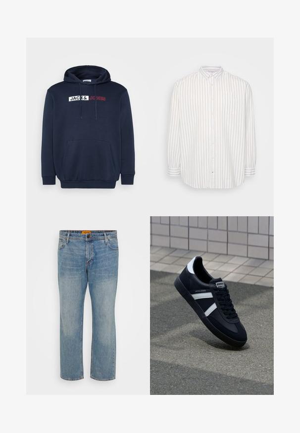 Marineblauwe hoodie met een kangoeroezak, trekkoordcapuchon en een wit/rood bedrukt logo met de tekst "JACK & JONES" over de borst.; Gestreepte overhemden in wit en lichtbeige, lange mouwen, zak op de linkerborst, klassieke kraag, lichtgewicht stof.; Lichtblauwe denim jeans met een rechte pasvorm, voorzien van vijf zakken, een knoopsluiting en een oranje merklabel op de tailleband.; Zwarte leren sneaker met witte strepen, een gestructureerde rubberen zool en vetersluiting aan de voorkant. Voorzien van een merklabel op de tong.