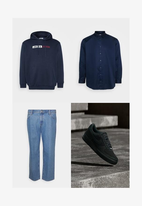 Marineblauer Hoodie mit Kängurutasche, Kapuze mit Kordelzug und einem weiß-roten Drucklogo mit der Aufschrift "JACK & JONES" über der Brust.; Navyblaues Hemd mit Knopfleiste aus glattem Stoff, klassischem Kragen, langen Ärmeln und einer Knopfleiste vorne mit passenden Knöpfen.; Jack & Jones JJICHRIS JJORIGINAL - Jeans Relaxed Fit - blue denim; Schwarzer Nike Air Force 1 Sneaker mit Mesh- und Lederdetails, der bei schwacher Beleuchtung über strukturierte Betontreppen schwebt.