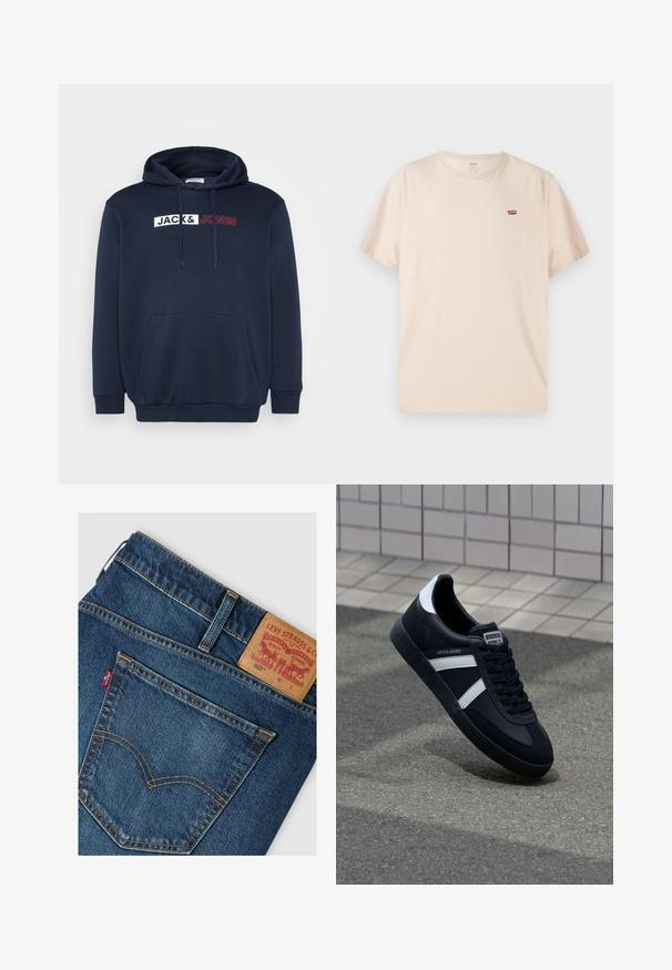 Marineblå hættetrøje med en kengurulomme, snor til hætten og et trykt logo i hvid/rød, der står "JACK & JONES" tværs over brystet.; Beige T-shirt med korte ærmer og rund halsudskæring med lille rødt Levi's-logo på venstre bryst, vist mod en ensfarvet baggrund.; Baglomme og linning på blå Levi's 502 jeans med lædermærke og rød Levi's stofmærkat.; Sort lædersneaker med hvide striber, tekstureret gummisål og snørrebånd foran. Har et brandet mærke på tungen.