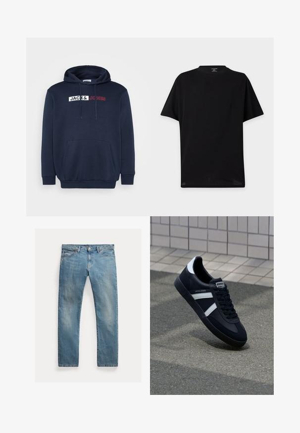 Marineblauer Hoodie mit Kängurutasche, Kapuze mit Kordelzug und einem weiß-roten Drucklogo mit der Aufschrift "JACK & JONES" über der Brust.; Schlichtes schwarzes T-Shirt mit kurzen Ärmeln und Rundhalsausschnitt ohne sichtbare Logos oder Designs, dargestellt vor hellem Hintergrund.; Hellblaue Jeans aus Denim mit geradem Schnitt, Knopfverschluss, fünf Taschen, dezenten Verblassungen und kontrastierenden Nähten.; Schwarze Leder-Sneaker mit weißen Streifen, strukturiertem Gummisohle und Schnürung. Verfügt über ein Markenetikett auf der Zunge.