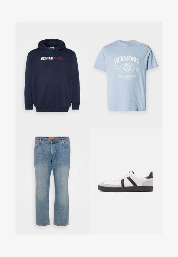 Marineblauer Hoodie mit Kängurutasche, Kapuze mit Kordelzug und einem weiß-roten Drucklogo mit der Aufschrift "JACK & JONES" über der Brust.; Hellblaues kurzärmeliges T-Shirt mit weißem "JACK & JONES"-Text, einer Muschel-Grafik und dem Aufdruck "Urban Aesthetics for daily use" auf der Vorderseite.; Hellblaue Denim-Jeans mit geradem Bein, ausgestattet mit fünf Taschen, einem Knopfverschluss und einem orangefarbigen Markenschild am Bund.; Weiße Sneaker mit schwarz- und grau-aczenten, ausgestattet mit einer strukturierten grauen Zehenkappe, schwarzer Gummi-Sohle und flachen weißen Schnürsenkeln. Sauberes Design, minimalistische Stil.