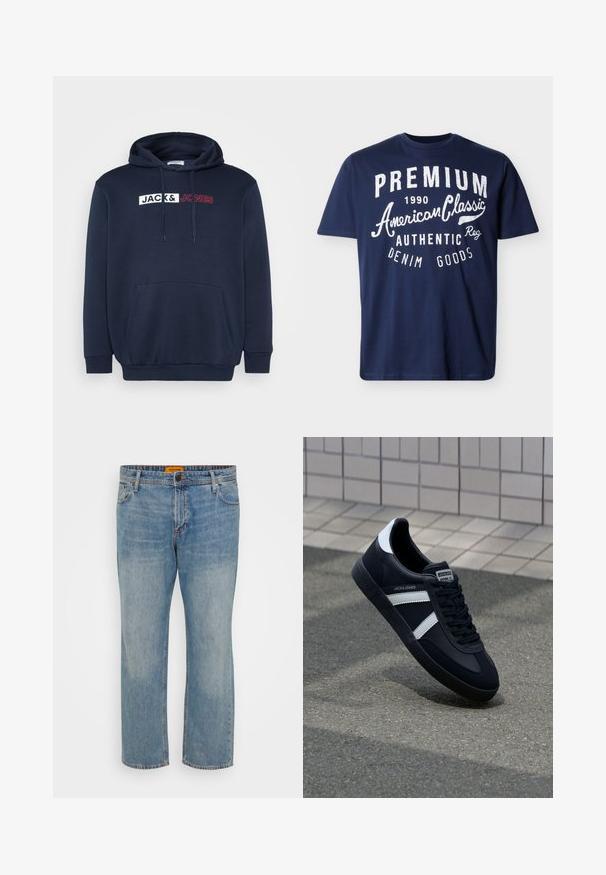Marineblå hættetrøje med en kengurulomme, snor til hætten og et trykt logo i hvid/rød, der står "JACK & JONES" tværs over brystet.; Mørkeblå T-shirt med korte ærmer og hvid tekst: "PREMIUM 1990 American Classic Authentic Denim Goods" på forsiden.; Lyseblå denim jeans med lige ben, der har fem lommer, knaplukning og orange mærke på taljebåndet.; Sort lædersneaker med hvide striber, tekstureret gummisål og snørrebånd foran. Har et brandet mærke på tungen.