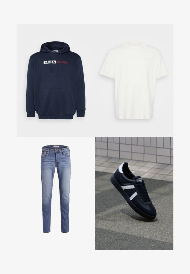 Marineblauwe hoodie met een kangoeroezak, trekkoordcapuchon en een wit/rood bedrukt logo met de tekst "JACK & JONES" over de borst.; Witte katoenen t-shirt met ronde hals, korte mouwen en een klein bedrukt logo op de voorkant. Kenmerkt zich door een losse pasvorm en een gladde textuur.; Slim-fit blauwe jeans van denim, met een vervaagde wastoevoeging, vijf zakken en een rits met knoopsluiting.; Zwarte leren sneaker met witte strepen, een gestructureerde rubberen zool en vetersluiting aan de voorkant. Voorzien van een merklabel op de tong.