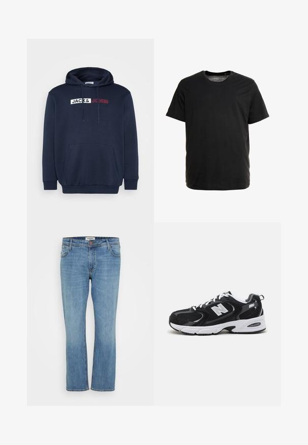 Marineblå hættetrøje med en kengurulomme, snor til hætten og et trykt logo i hvid/rød, der står "JACK & JONES" tværs over brystet.; Sort kortærmet t-shirt lavet af blødt stof, med rund hals og lige snit, uden synlige mønstre eller grafik.; Blå straight-leg denim jeans med knap- og lynlås, for- og baglommer samt synlig syning på hvid baggrund.; Sorte og grå sportssko med mesh og ruskind på overdelen, der har en hvid mellemsål, snørebånd og et iøjnefaldende "N" logo på siden.