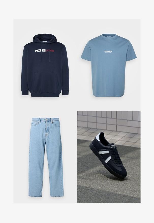 Marineblauer Hoodie mit Kängurutasche, Kapuze mit Kordelzug und einem weiß-roten Drucklogo mit der Aufschrift "JACK & JONES" über der Brust.; Hellblaues T-Shirt mit kurzen Ärmeln und weißem Textlogo "JJ Studios" auf der Brust zentriert, Rundhalsausschnitt und einfachem Baumwollstoff.; Helle blaue, hochgeschnittene gerade Jeans mit fünf Taschen sowie einem vorderen Knopf- und Reißverschluss.; Schwarze Leder-Sneaker mit weißen Streifen, strukturiertem Gummisohle und Schnürung. Verfügt über ein Markenetikett auf der Zunge.