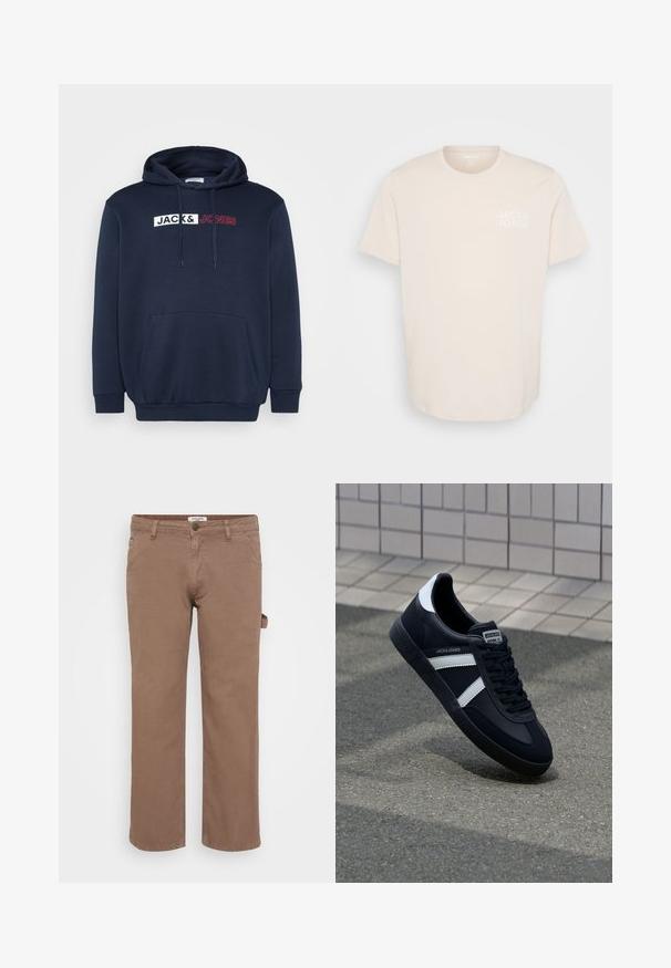 Marineblauwe hoodie met een kangoeroezak, trekkoordcapuchon en een wit/rood bedrukt logo met de tekst "JACK & JONES" over de borst.; Lichtbeige katoen T-shirt met een ronde hals, korte mouwen en een klein wit logo op de linker borst. Gladde textuur.; Bruine katoenen twill broek met een recht pijpdesign. Voorzien van zakken aan de voorkant en een zijvak voor nuttige opslag. Soepele textuur, casual stijl.; Zwarte leren sneaker met witte strepen, een gestructureerde rubberen zool en vetersluiting aan de voorkant. Voorzien van een merklabel op de tong.