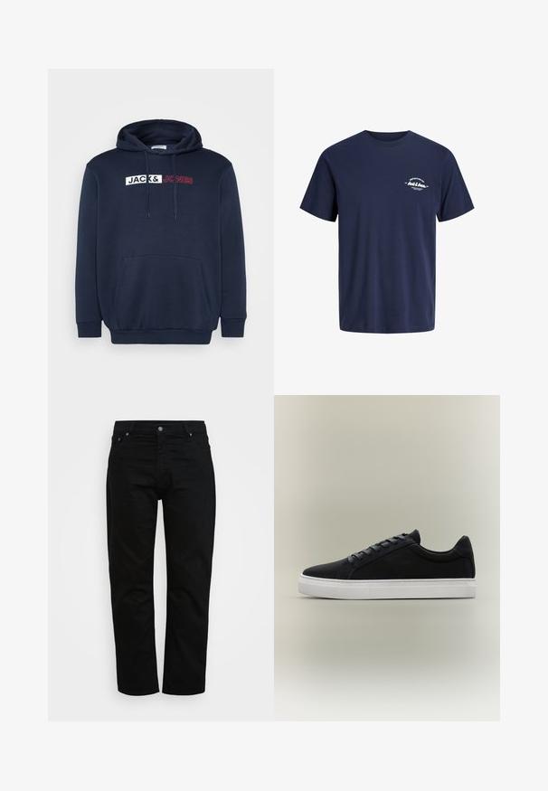 Marineblauer Hoodie mit Kängurutasche, Kapuze mit Kordelzug und einem weiß-roten Drucklogo mit der Aufschrift "JACK & JONES" über der Brust.; Marineblaues T-Shirt mit kurzen Ärmeln und Rundhalsausschnitt mit kleinem weißen Schriftzug "Definition of Jack & Jones" auf der linken Brust.; Schwarze Jeans aus Baumwolle, mit klassischem Schnitt, Fünf-Taschen-Design und Metallknopfverschluss. Glatte Textur mit geradem Bein.; Schwarzer Low-Top-Sneaker mit weißer Gummisohle, Schnürdesign und gepolstertem Kragen, dargestellt auf neutral grauem Hintergrund.