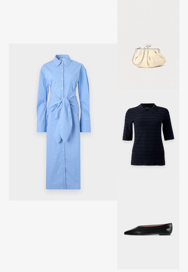 Marineblauw poloshirt met korte mouwen en een getextureerd patroon van verhoogde horizontale strepen; heeft een klassieke kraag en een gegolfde zoom.; Blauw-wit verticaal gestreepte hemdjurk met lange mouwen, knoopsluiting aan de voorkant en gestrikt knoopdetail in de taille.; Zwarte leren damesschoen met platte zool, puntige neus en lage hak, zijwaarts afgebeeld tegen een effen lichtgrijze achtergrond.; Geplooide beige leren clutch met een zilveren metalen frame, voorzien van twee ronde decoratieve sluitingen en een zilveren kettingriem.