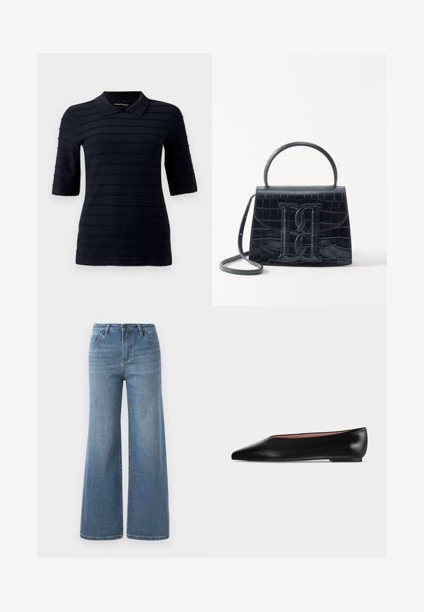 Polo shirt bleu marine à manches courtes avec un motif texturé de rayures horizontales en relief ; présente un col classique et un ourlet en pointes.; Jean en denim bleu clair à jambes larges avec une taille haute, fermeture à bouton et à glissière, et poches avant.; Chaussure plate en cuir noir pour femme, avec bout pointu et petit talon, vue de côté sur un fond gris clair uni.; Sac à main en cuir noir embossé en crocodile avec un design structuré, une poignée supérieure, une bandoulière ajustable et un détail de logo en avant bien visible.