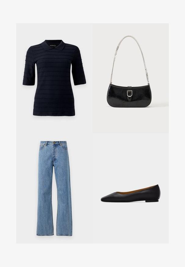 Polo shirt bleu marine à manches courtes avec un motif texturé de rayures horizontales en relief ; présente un col classique et un ourlet en pointes.; Jean taille haute bleu clair, coupe droite, avec bouton avant, fermeture éclair et design à cinq poches sur fond blanc uni.; Chaussure plate en cuir noir à bout pointu avec talon bas et finition lisse, vue de côté sur un fond gris clair.; Sac à épaule en cuir verni noir avec détail de boucle argentée et bandoulière en chaîne argentée, présenté sur un fond uni clair.