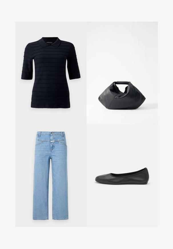 Dunkelblaues Polohemd mit kurzen Ärmeln und einem strukturierten Muster aus erhabenen horizontalen Streifen; verfügt über einen klassischen Kragen und einen wellenförmigen Saum.; CLOSED STOVER - Jeans Relaxed Fit - light blue; Schwarze Leder-Ballettschuhe mit abgerundeter Spitze, glatter Textur, minimalen Nähdetails und einem flexiblen Sohlen-Design.; Schwarze Lederhandtasche mit strukturiertem Äußeren, einzigartiger zerknüllter Form und kurzem Henkel. Verfügt über ein einzelnes Hauptfach.
