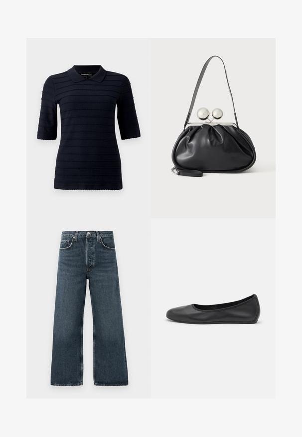 Dunkelblaues Polohemd mit kurzen Ärmeln und einem strukturierten Muster aus erhabenen horizontalen Streifen; verfügt über einen klassischen Kragen und einen wellenförmigen Saum.; Dunkelblaue Jeans mit weitem Bein, ausgestattet mit einem Knopf- und Reißverschluss, fünf Taschen und dezentem Waschungseffekt auf dem Stoff.; Schwarze Leder-Ballettschuhe mit abgerundeter Spitze, glatter Textur, minimalen Nähdetails und einem flexiblen Sohlen-Design.; Schwarze Ledertasche mit gerafftem Design, einem einzelnen Riemen, silbernem Metallrahmen und zwei großen runden silbernen Verschlüssen.