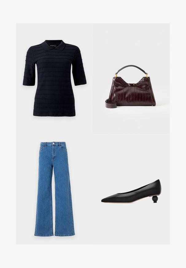 Polo shirt bleu marine à manches courtes avec un motif texturé de rayures horizontales en relief ; présente un col classique et un ourlet en pointes.; Jean en denim bleu à jambes larges, taille haute, avec poches avant et fermeture à bouton. Le tissu a une texture lisse et un motif de couture classique.; Chaussure noire à bout pointu avec un talon bas unique sculpté en forme ronde et une tige en cuir lisse, vue de profil sur un fond blanc.; Sac à main en cuir bordeaux foncé avec motif texturé, poignée supérieure noire, accessoires dorés et bandoulière amovible sur fond blanc.