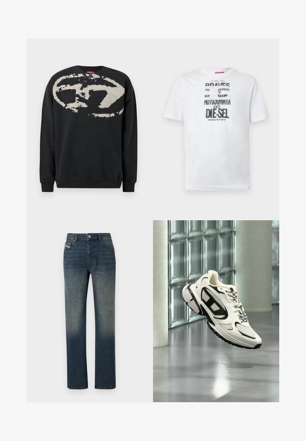 Sweat-shirt noir en coton, avec un grand logo abstrait beige sur le devant. Col rond classique et poignets côtelés.; T-shirt en coton blanc avec une typographie noire audacieuse affichant les mots "BRAVES" et "DIE-SEL INDUSTRY" ainsi qu'un design découpé semi-transparent.; Jean en denim bleu à jambe droite avec lavage délavé, fermeture avant par bouton et fermeture éclair, et design à cinq poches.; Baskets athlétiques blanches et noires avec des détails en mesh et des lacets à motifs suspendues en l'air dans un espace intérieur moderne avec des blocs de verre.