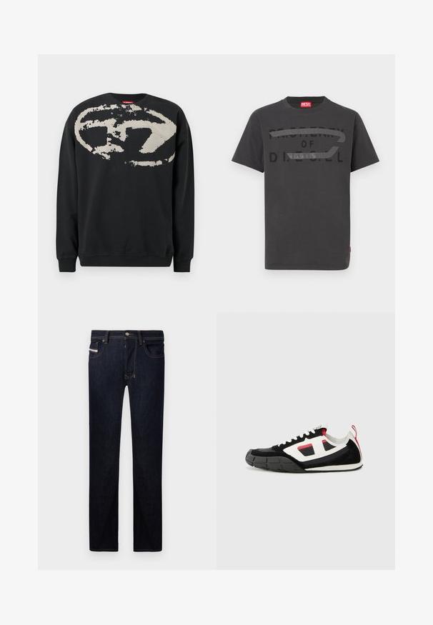 Sweat-shirt noir en coton, avec un grand logo abstrait beige sur le devant. Col rond classique et poignets côtelés.; T-shirt en coton gris avec un texte noir audacieux indiquant "PROPERTY OF D.I.E.S.E.L.", à la texture lisse et manches courtes.; Jean en denim bleu foncé avec une coupe droite, comprenant cinq poches, des coutures contrastantes et un bouton en métal.; Diesel S PAGODHA LOW - Baskets basses - black