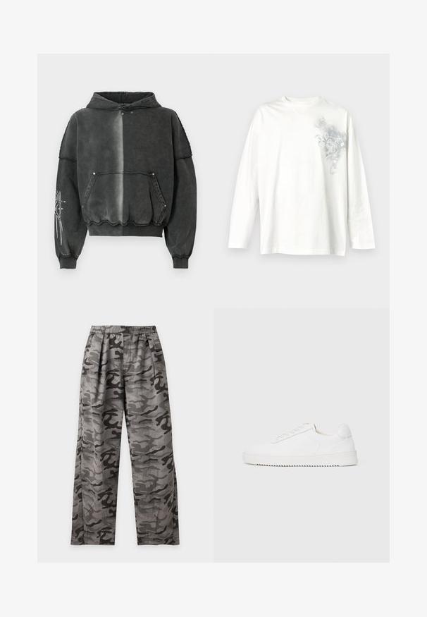 Sweat à capuche noir surdimensionné avec un effet dégradé, comprenant une poche frontale, des poignets côtelés et un motif graphique détaillé sur la manche. Matière douce.; T-shirt blanc à manches longues avec col rond et un motif floral gris subtil sur la partie supérieure gauche de la poitrine.; Pantalon à motif camouflage gris et noir avec taille élastique et jambes droites, présenté sur fond blanc uni.; Sneaker blanc avec une tige en cuir lisse, bout rond, lacets, accents latéraux texturés et une épaisse semelle en caoutchouc. Design minimaliste.