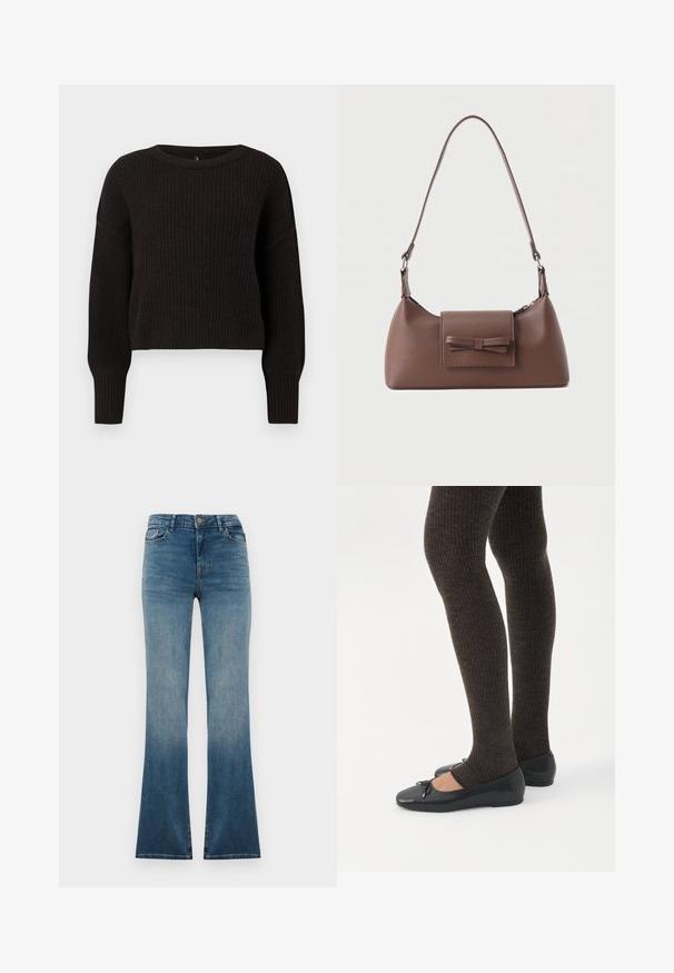 Pull en maille noire avec une texture côtelée, en col bateau et à manches longues. Design court avec des poignets ajustés.; Jeans en denim bleu évasés avec un dégradé de foncé à clair. Ils présentent une taille traditionnelle, cinq poches et une fermeture à bouton à l'avant.; Jambes portant des leggings côtelés foncés associés à des ballerines noires avec de petits détails en nœud sur fond blanc.; Sac à bandoulière en cuir marron avec une poche à rabat avant ornée d'un détail en forme de nœud cousu et une sangle réglable.