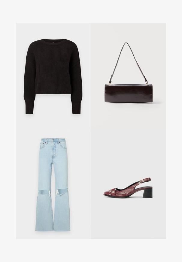 Pull en maille noire avec une texture côtelée, en col bateau et à manches longues. Design court avec des poignets ajustés.; Jean en denim bleu clair, évasé, avec des détails déchirés aux genoux, dotés d'une taille haute et d'un ourlet brut. Coutures renforcées et style classique à cinq poches.; Chaussure slingback en cuir bordeaux avec un bout arrondi, un design incurvé, des accents en métal argenté et un talon bloc. Finition texturée.; Sac à main rectangulaire en cuir noir avec une longue bandoulière unique et une finition brillante, présenté sur un fond blanc uni.