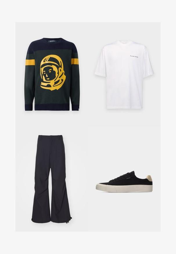 Strikket sweater i mørkegrøn og marineblå. Har en iøjnefaldende gul astronautgrafik på fronten, med stribede detaljer på ærmerne.; Hvid kortærmet t-shirt i bomuld med v-hals, med et sort "FILLING PIECES" logo trykt på venstre side.; Marineblå, brede bukser lavet af glat stof, med to forlommer og snoretræk ved kanten. Renset, skræddersyet design uden udsmykning.; Sort lavsko med beige hælkappe, tyk hvid gummisål, sorte snørebånd og lille "PS Paul Smith" mærke på siden.
