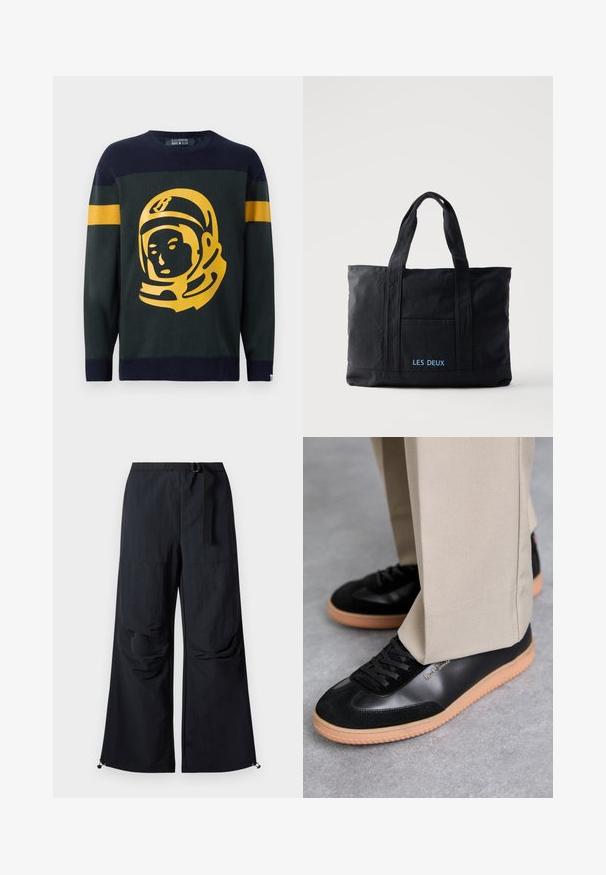 Pull en tricot vert foncé et marine. Il présente un graphique audacieux d'astronaute jaune à l'avant, avec des accents rayés sur les manches.; Pantalon noir à jambes larges en tissu léger. Dispose d'une ceinture, de deux grandes poches latérales et d'ourlets ajustables avec fermetures à cordon.; Paul Smith COMO - Baskets basses - black; Sac cabas en toile noire avec deux anses, poche avant et "LES DEUX" brodé en bleu sur la poche avant.