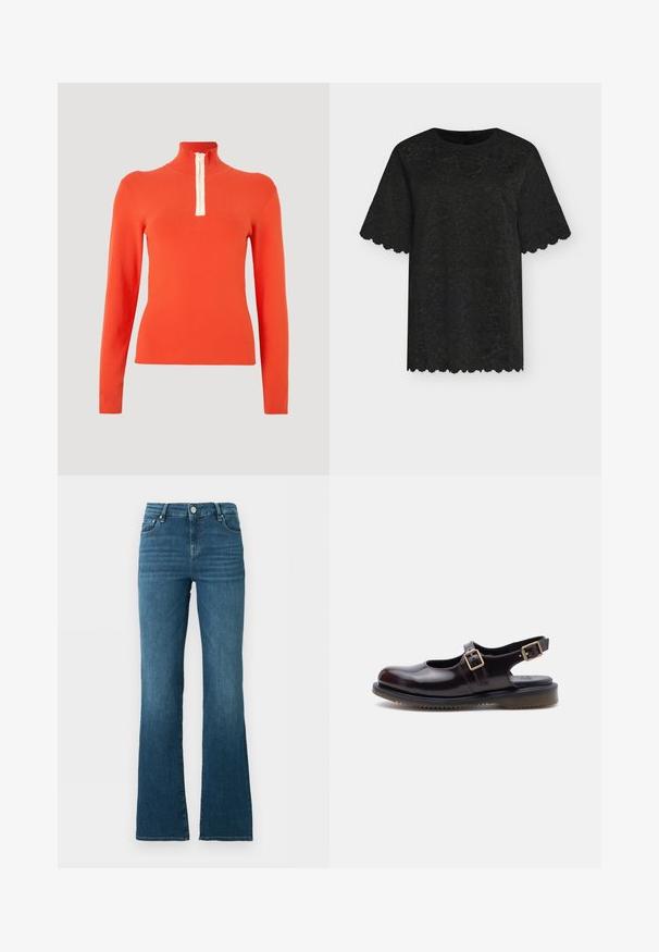 Haut orange à manches longues avec un col montant et un détail de fermeture éclair blanc. Le tissu est lisse et ajusté, offrant un design élégant et minimaliste.; Haut noir à manches courtes en dentelle avec motif floral et bords en feston sur les manches et l'ourlet, présenté sur un fond uni.; Jean en denim bleu taille haute avec une jambe droite légèrement évasée, bouton devant, fermeture éclair et style cinq poches sur fond uni.; Chaussure Mary Jane en cuir bordeaux foncé avec deux boucles réglables et une semelle en caoutchouc noir, présentée en profil latéral sur fond blanc.